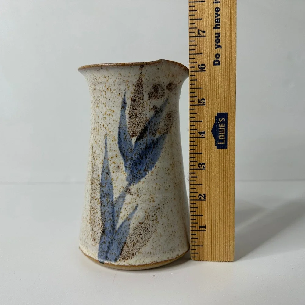 Studio Pottery Vase Signed Wings Pitcher Speckled Glaze Blue Floral Stoneware 6